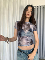 メッシュスパンデックスプリントショートスリーブTシャツ