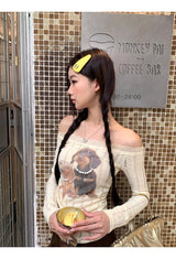 ドッグビーズレースオフショルダー長袖Tシャツ