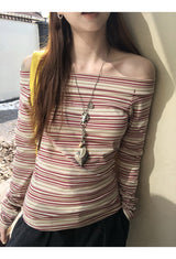 burgundy striped off-shoulder long-sleeve t-shirt