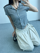 チェックシャーリングクロップフード🖤🩵 - 2カラーズ