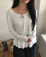 マディンリボンドットフリルロングスリーブTシャツ