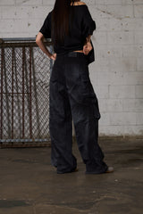 Dirty Washed Wide Cargo Denim Pants - Black