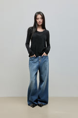 Wide Button Denim Pants