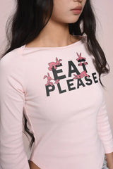 eat me plz * ラビットプリントライトピンクウエストバンドフィッテッドセブンスリーブTシャツ