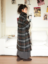 Gradient blue polka dot checkered contrasting color woolen overcoat
