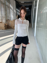 Collar See-Through Stripe Long Sleeve T-Shirt