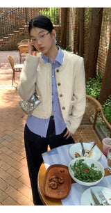 No Collar Round Tweed Loose Fit Jacket