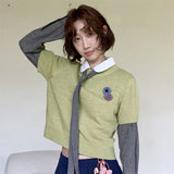 Tours Flower Decor Round Neck Wool Short Sleeve Knit