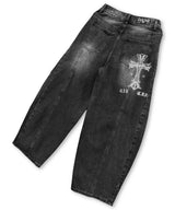 Cross Print Curved Ballon Denim_Black