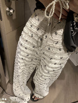Lace ribbon banding wide pants