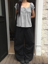[Scrunch SET ] Unru Puff Shirring Layered Button Blouse