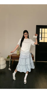 Lace shirring round loose fit short sleeve tee