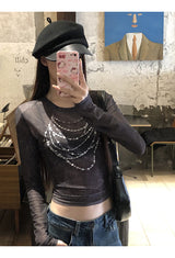 ビーズプリンテッドシースルーロングスリーブTシャツ