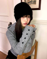 Renin Button High-Neck Hooded Ribbed Long-Sleeve Knit