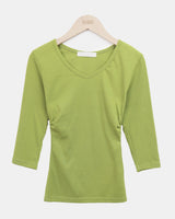 Nilon V-Neck Side-Shirring 7-Sleeve T-Shirt
