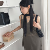 Haple see-through slit ribbon strap layered tank top mini dress