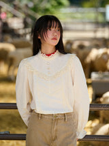 High-Neck Lace-Frill Blouse (Beige)