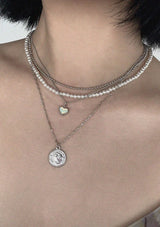 MULTI-LAYERED PEARL & HEART COINED NECKLACE SET