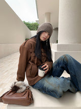 Suede lace-up no-collar jacket