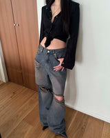[Unisex] ダークダメージデニムパンツ