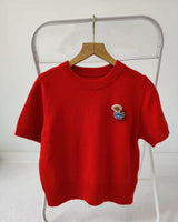 Tours Flower Decor Round Neck Wool Short Sleeve Knit