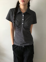 Shirring Dot Collar T-Shirt (3color)