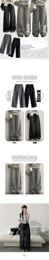 [Basic, Long/S-3XL] Itch back banding washed denim wide pants