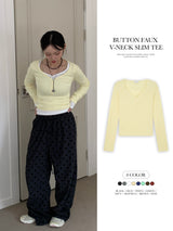 Button Fake V-Neck Ribbed Slim Tee (8c)