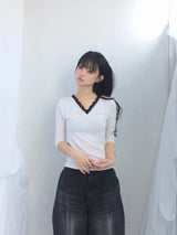 Lace V-Shirring Dot Top