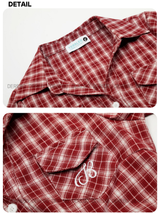 Red checkered shirring long-sleeve shirt