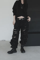 [unisex]レーザーダメージワイドデニム