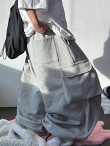 ハイクオリティ 🤍 ベルト & キーリング カーゴソリッドソフトバルーンワイドオーバーパンツ🩶🖤 - 2 カラーズ