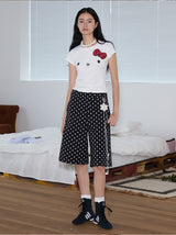 rirri 25 Spring/Summer Collection - カジュアルブラック&ホワイトポルカドットクロップドパンツ (高密度コットン100%)