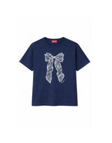 ロザリーレースリボンプリント半袖Tシャツ ネイビー