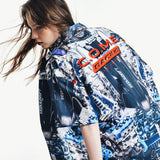 [UNISEX] Automobile Parts Camp-Collar Printed Shirt (Blue)