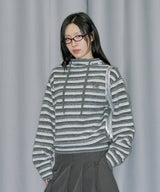 Stripe Turtleneck Balloonfit Hood Knit - GRAY