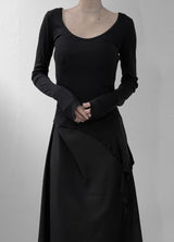 フリルディープラウンドネック長袖Tシャツ