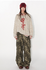 Color-block cable-knit pullover sweater