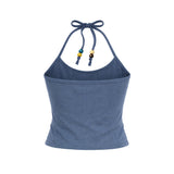 Beads Pigment Halter Neck Sleeveless Blue