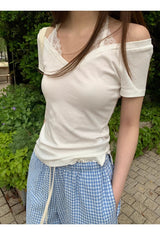 White lace halter layered short-sleeved T-shirt