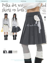 BETWEENAND 「Ling Xu Shuang Sheng」 Winter Academy – gray-and-white polka-dot pleated skirt with a separate inner skirt, available in two styles