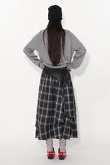 Asymmetrical drawstring patchwork plaid versatile and playful midi skirt
