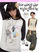 BETWEENAND Autumn Star Color-Contrast Raglan-Sleeve Long-Sleeve T-Shirt for Women, New American Style Fit Top