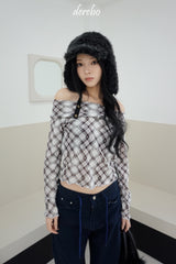 エッジチェックオフショルダーアンバランスTシャツ