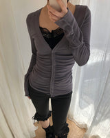 Hir Sleeve Button Shirring V-Neck Cardigan
