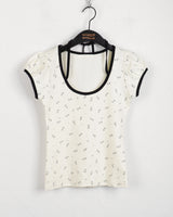 Kandil flower color combination ribbon string puff short sleeve t-shirt