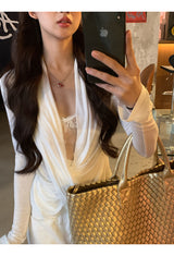 White Smudge Lace Shirring Long Sleeve T-shirt