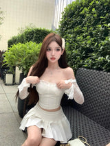 Lace ribbon patchwork bateau collar top