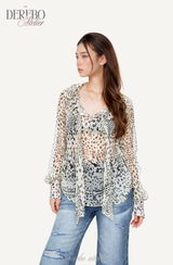 Leopard see-through frill blouse