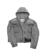 BBD ヴィンテージ クラッシュ フード デニム ジップアップ ジャケット (Vintage Gray)